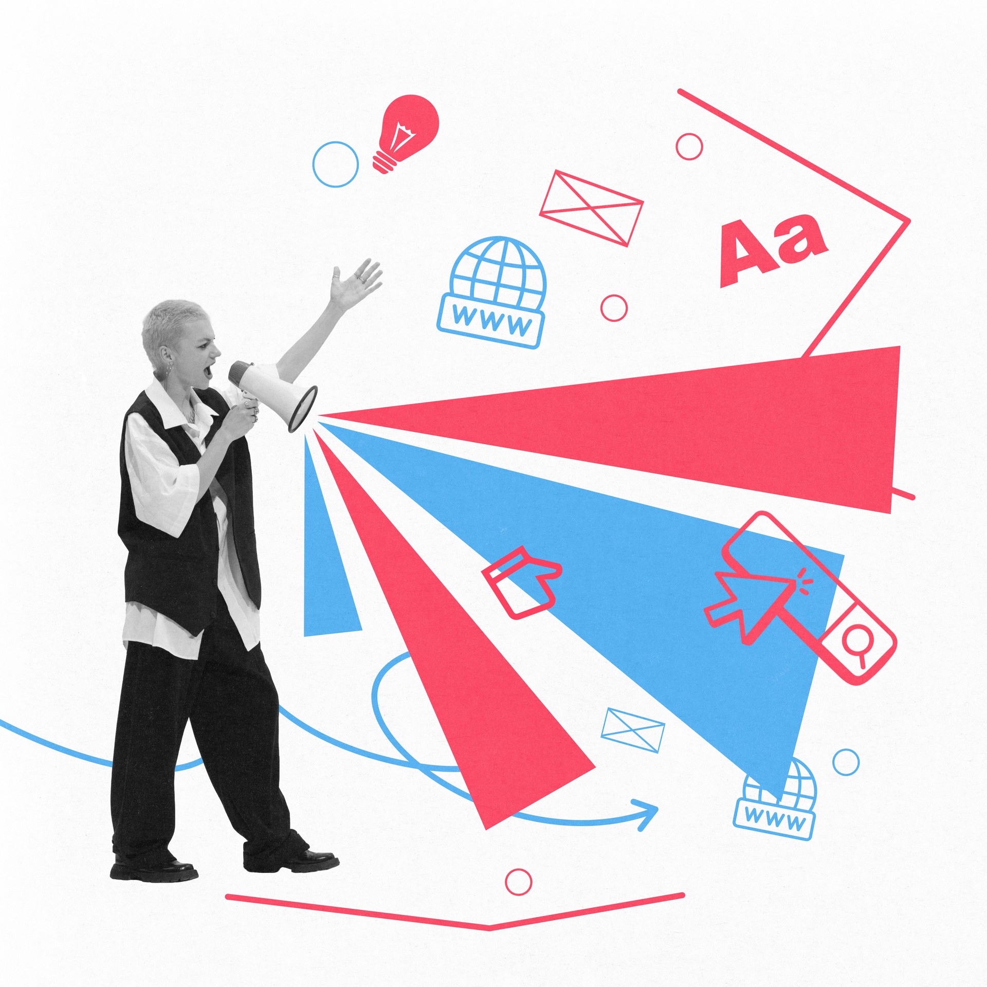 Contemporary art collage. Speaker with megaphone surrounded by colorful digital icons, representing innovative storytelling in content marketing and branding.